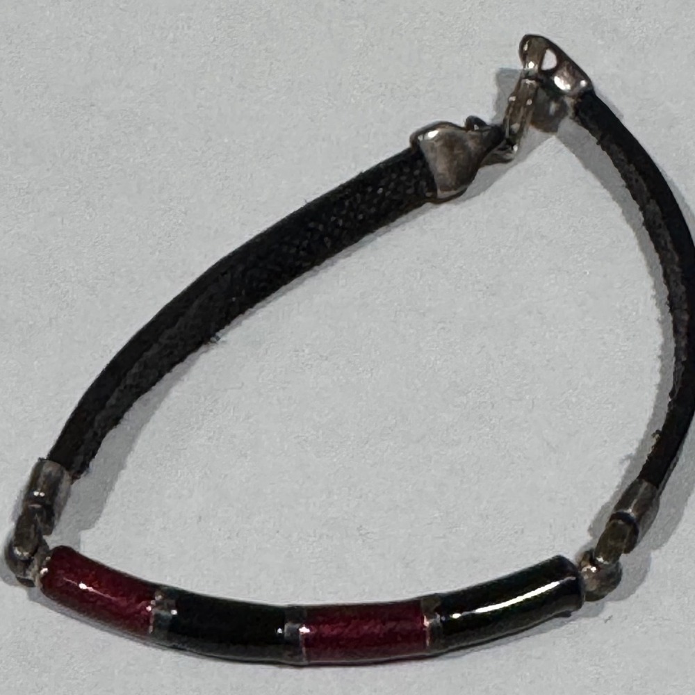 Bracelet Women Black Burgundy 925 Sterling Silver Embossed tooled Leather 7.25